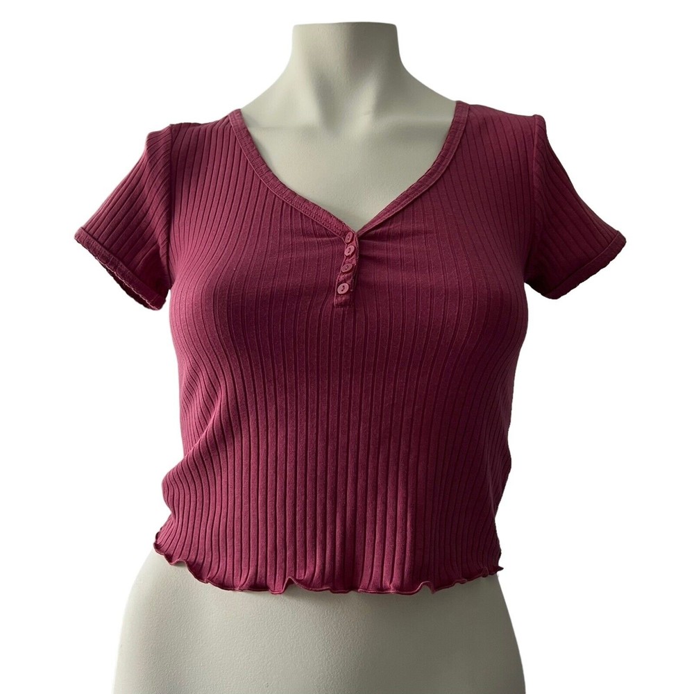 HIPPIE ROSE JUNIORS BUTTON V-NECK RIBBED HENLEY BERRY BRICK SHORT SLEEVE XS